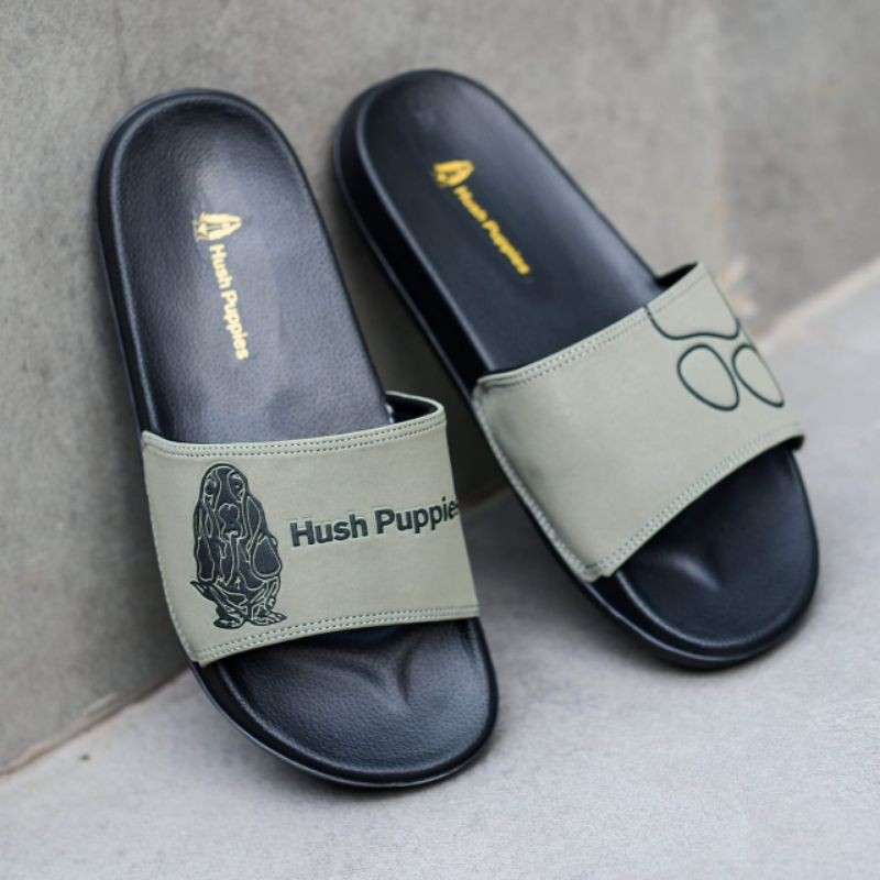 Sandal Hush Puppies Slide Olive Black Double Logo Original Sandal Hush Puppies Slide Olive Black Double Logo Original