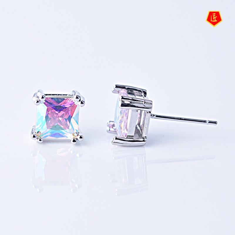 [Ready Stock]Simple Colorful Square Gem Four-Claw Stud Earrings