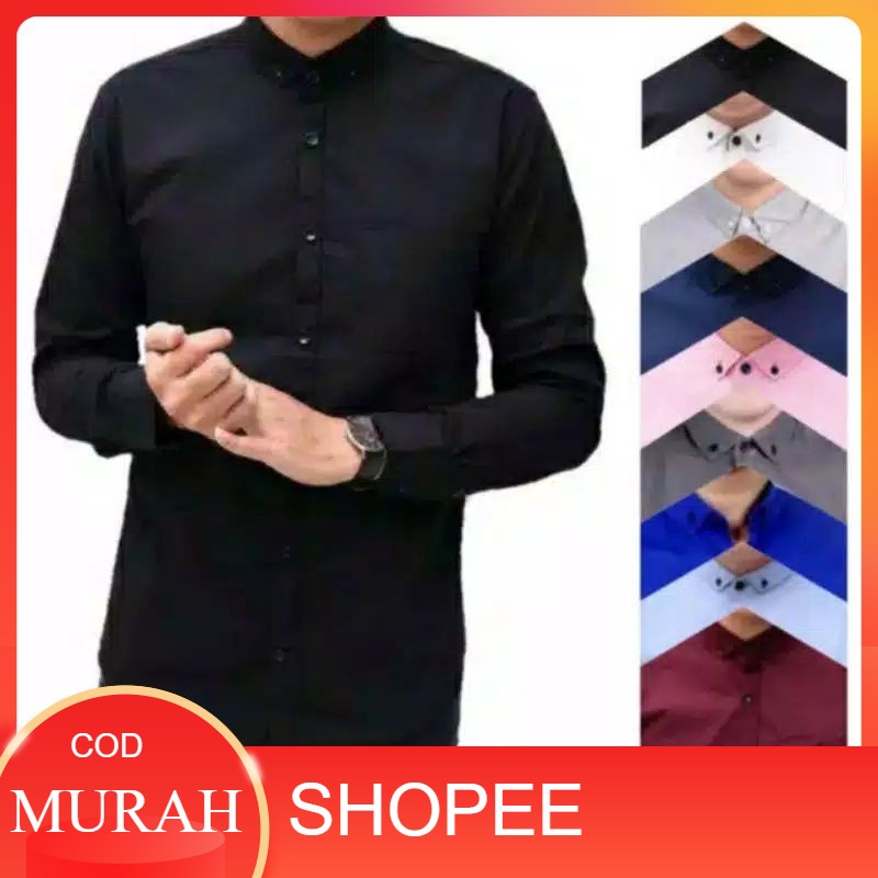 kemeja cowok polos lengan panjang slimfit hem pria kantor hitam navy putih maron army