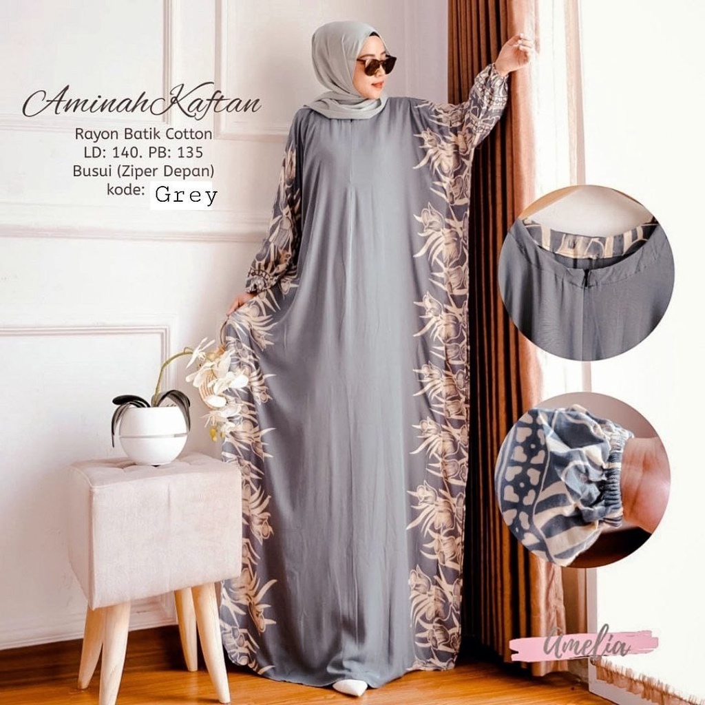 Aminah Kaftan Wanita Super Jumbo XXXXL Burgundy Motif Bunga Tulip Warna Soft Lengan Panjang Busui Rayon Tebal Gamis Rayon