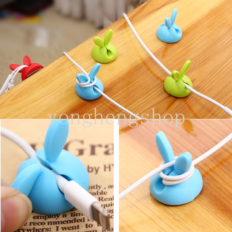 4pcs / set Klip Organizer Kabel Data / Charger / Earphone Bentuk Telinga Kelinci Lucu Untuk Meja Kantor