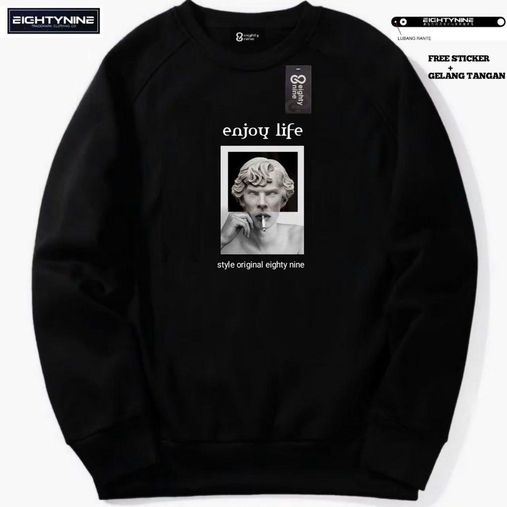 Crewneck Enjoy Life Black Pria/Wanita Sweter Crewneck simpel Oversize