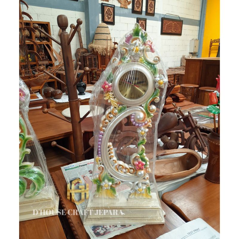 Jam Meja Ukir Bunga Kayu Jati Tinggi 65cm