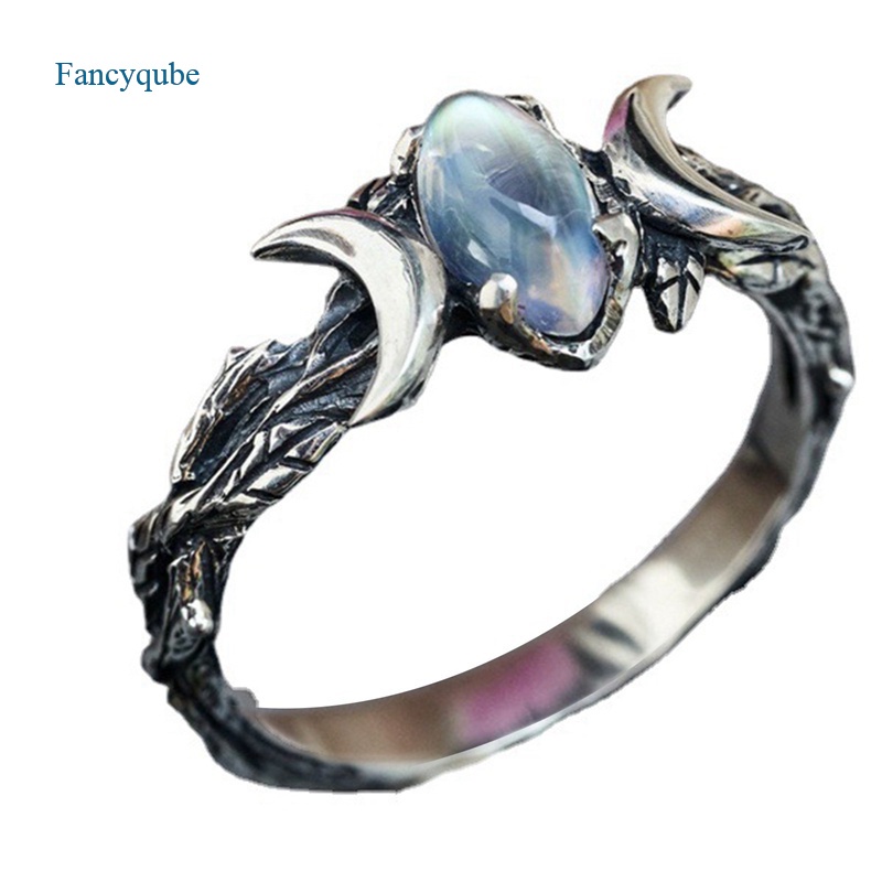 Fancyqube Cincin Silver Hias Batu Permata Bulan Natural Gaya Vintage Bohemian Untuk Pesta Pernikahan