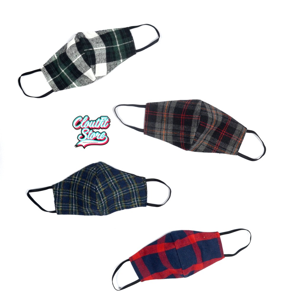 Masker Kain Non Medis Motif Flanel Hijau Hitam Merah Kotak Kotak Mask
