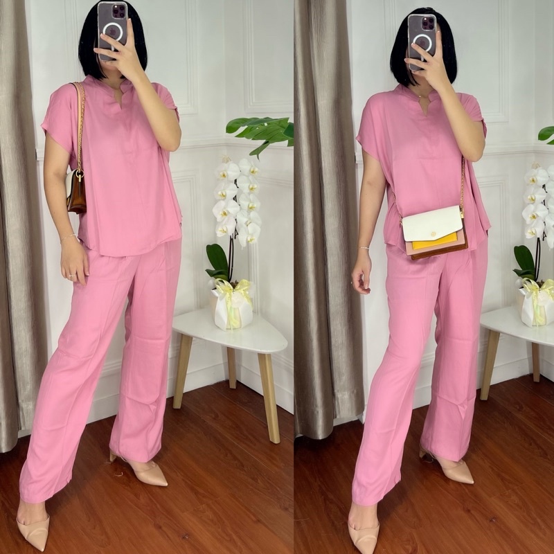 ONE SET TWILL PIYAMA SET TWILL/PAJAMAS/DAILY ONE SET/SETELAN / SETCEL / KEMEJA RAYON / RAYON TWILL-SOFTPINK TWILL