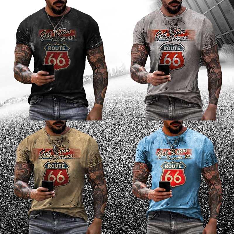 Pria Fashion Dicetak T-shirt US Route 66 T-shirt New Fashion Road T-shirt US Route 66 T-Shirt