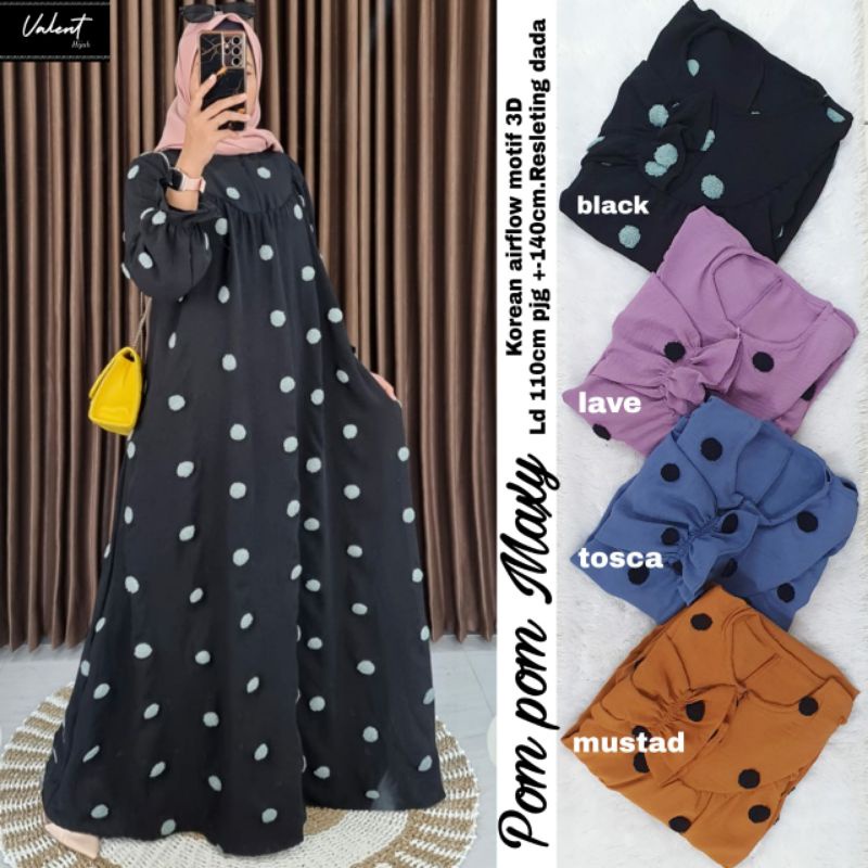 Gamis polka pom pom maxy Korean airflow motif 3d ld 110