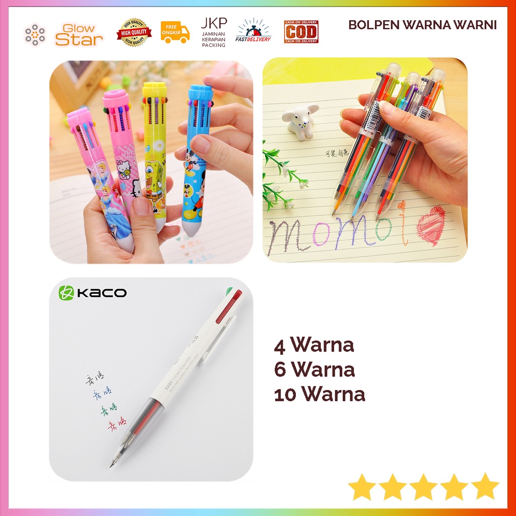 Pulpen Pena Ballpoint Multi Warna 10 in 1 / 6 in 1 Multi Color, Bolpen warna warni, Bolpen lucu imut