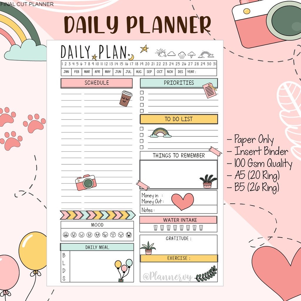 

DAILY PLANNER Cute Loose Leaf / ISI BINDER / CUTE / BY FINAL CUT PLANNER