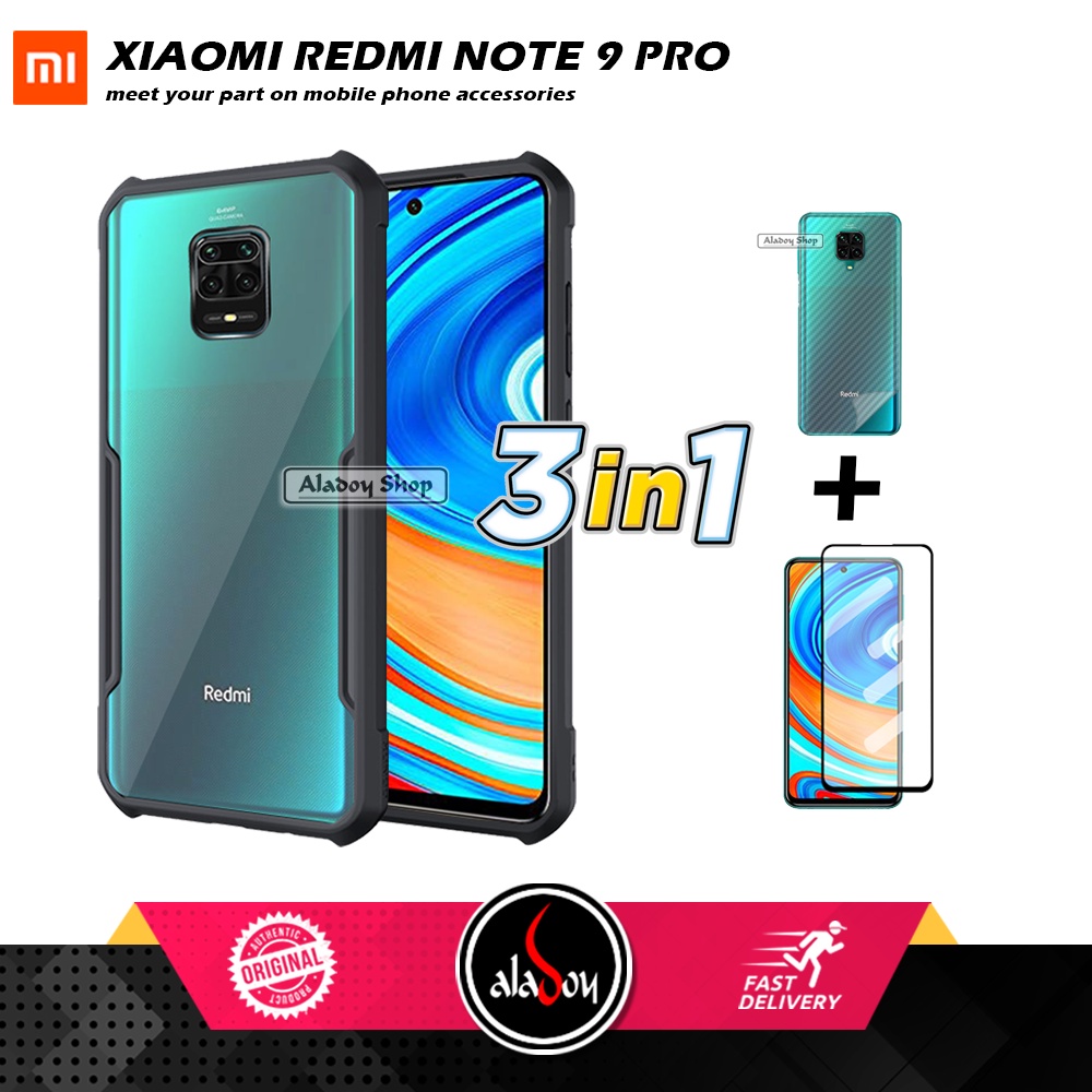 Case XIAOMI REDMI NOTE 9 PRO Armor Fushion Transparent Casing + Tempered Glass Full Layar dan Skin Carbon