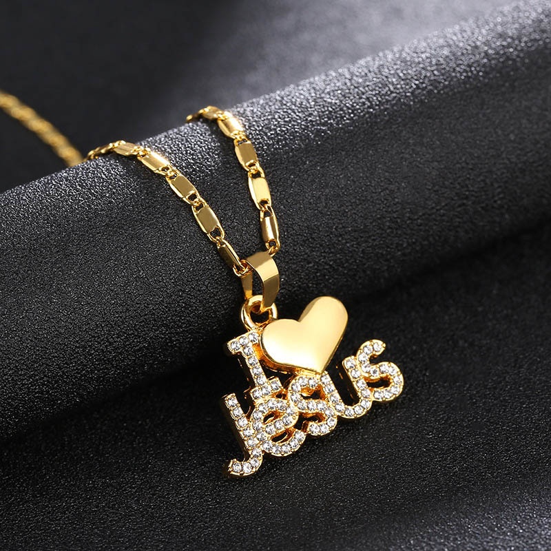 Kalung Rantai Liontin Hati + Huruf I Love Jesus Hias Zircon Untuk Wanita