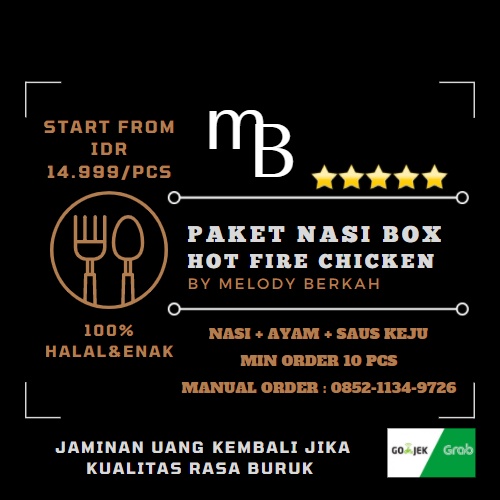 

PROMO! MURMER PAKET Nasi BOX/Catering HOT FIRE CHICKEN Untuk Kebutuhan Acara Apa Saja ONLY 14 ribuan/pcs BY Melody Berkah