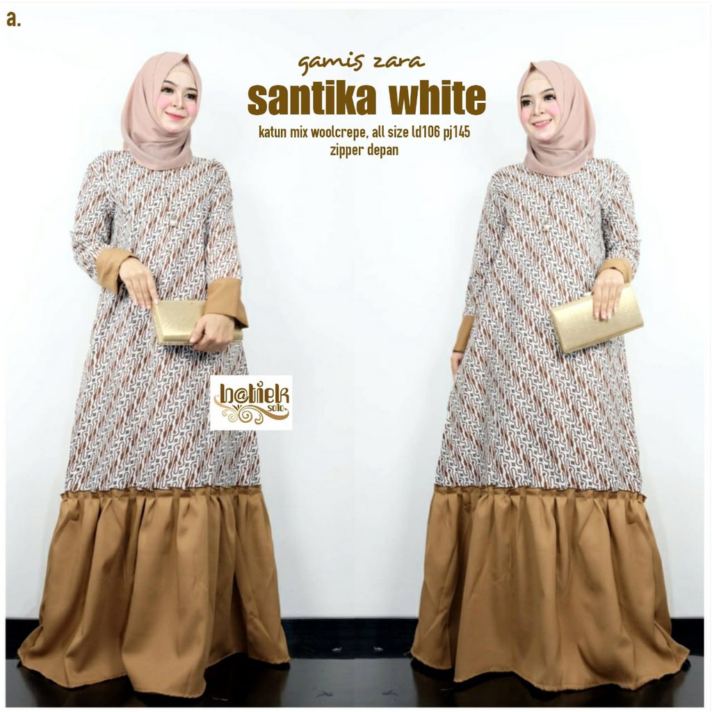 Gamis Zara Santika White Batik Muslim Long Maxi Seragam Pesta Casual Modern Baru Cantik Modern