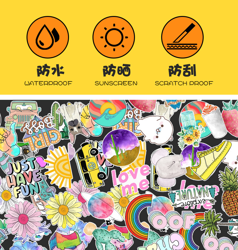 50 Pcs/set Summer Bright Color Flower Animal Fruit Pattern Waterproof Stickers for Helmet Decoration