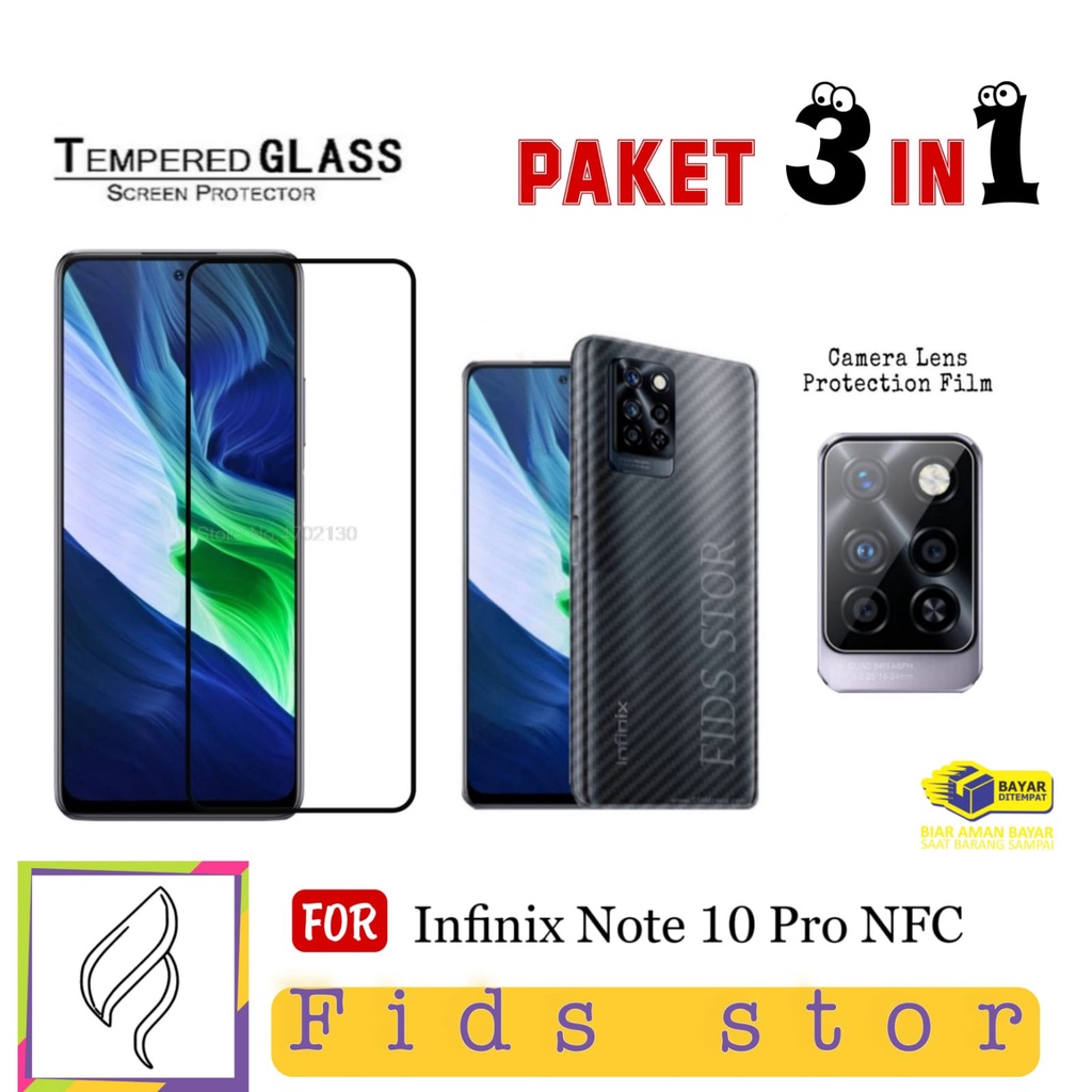 PROMO 3in1 TEMEPERED GLASS LAYAR + LENS CAMERA + GARSKIN CARBON For INFINIX NOTE 10 Pro NFC