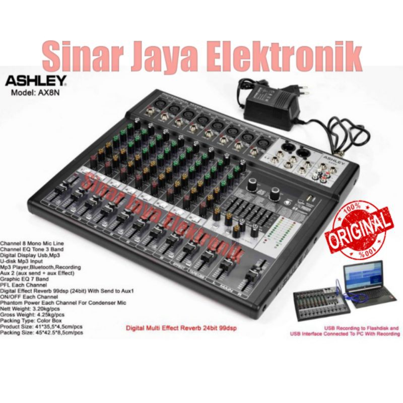MIXER ASHLEY AX8N / MIXER MACKIE AX8N BLUETOOTH, USB, EQUALIZER, 8 CHANNEL FULL