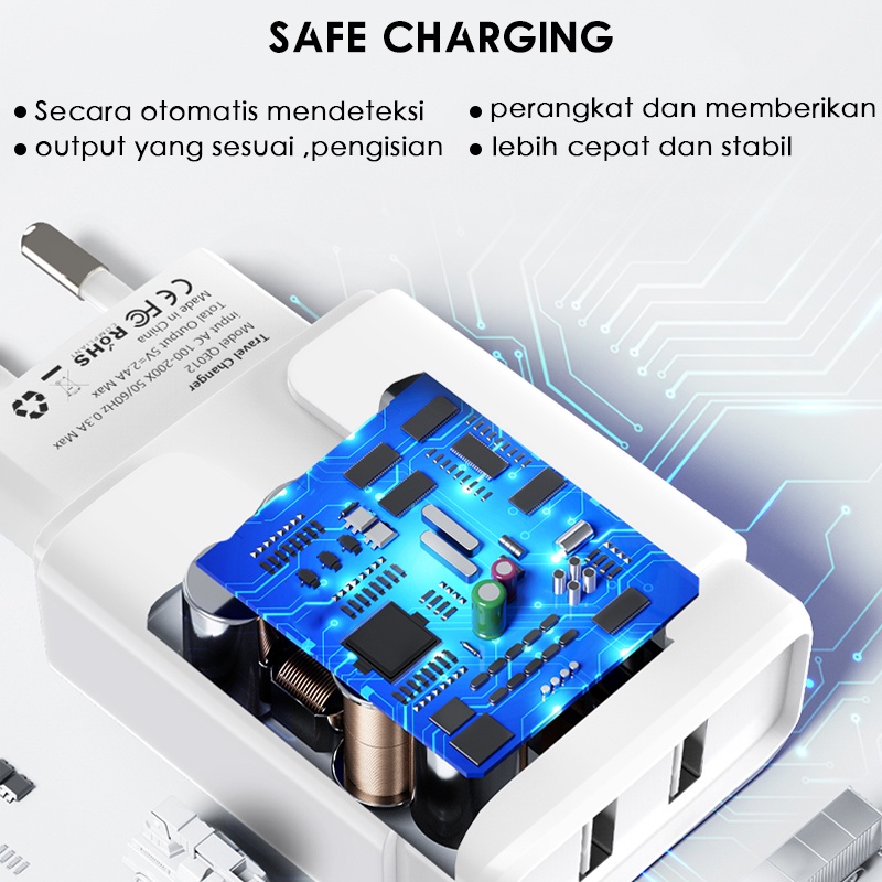 【Murah+COD】CORN QE012 2.4A Dual USB Charger Travel Adaptor Kabel 3A untuk Samsung Iphone vivo