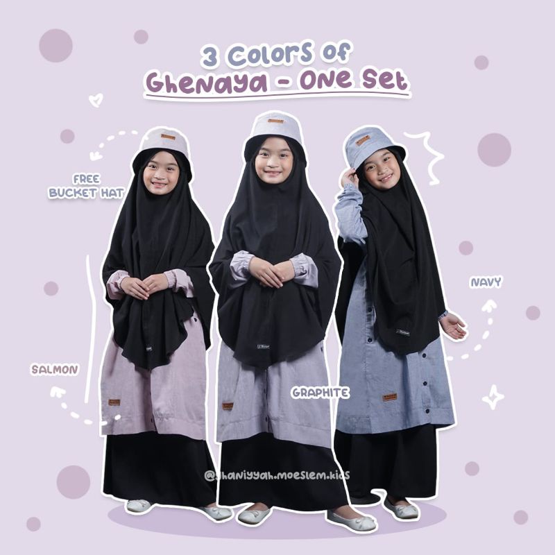 [ GHENAYA ] By Ghaniyyah Moslem Kids oneset Ghenaya setelan rok 4 in 1 baju setelan rok topi hijab s