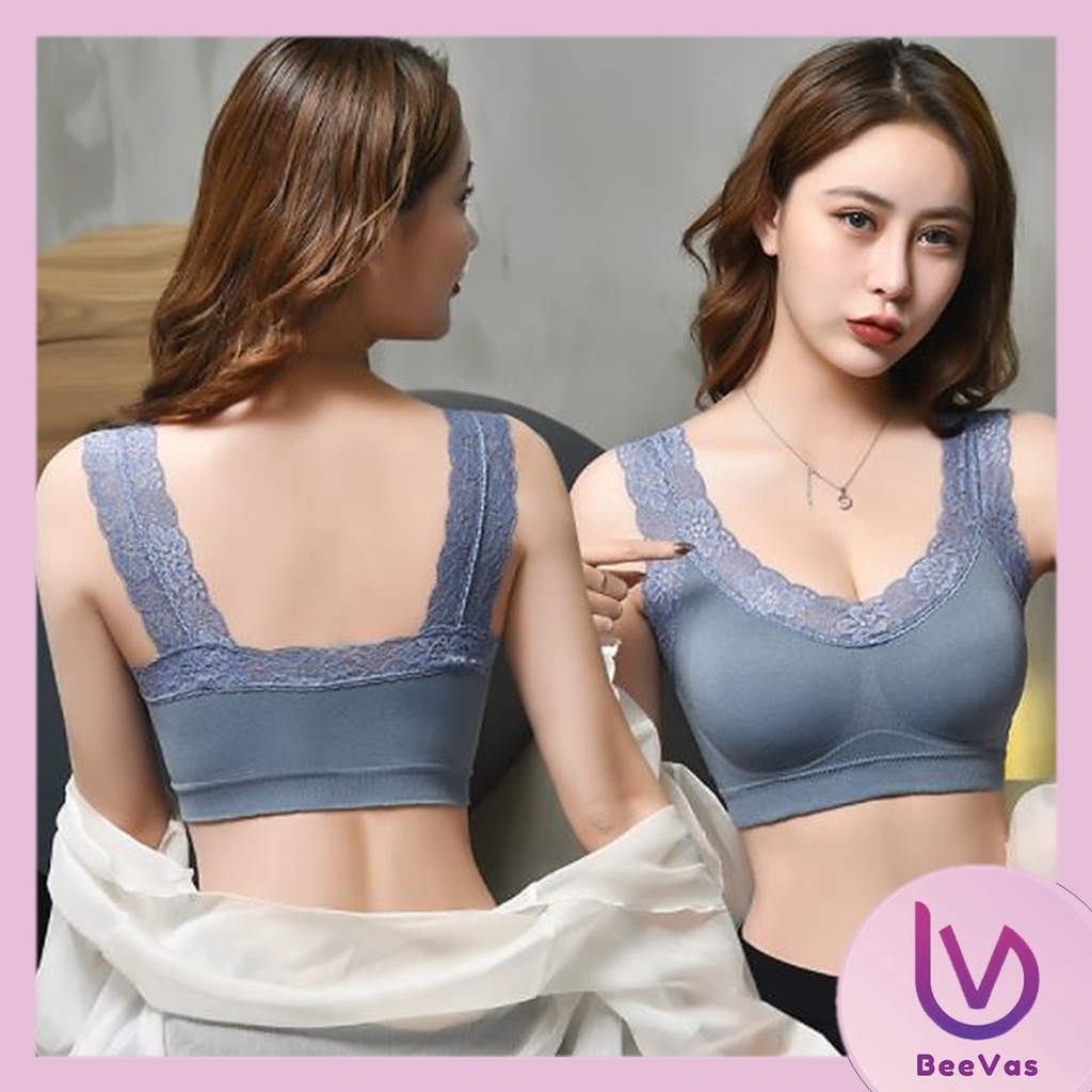 BV.ID BR025 BH WANITA SPORTS BRA V-NECK AKSEN HEM LACE DENGAN PAD BUSA UNTUK YOGA COD