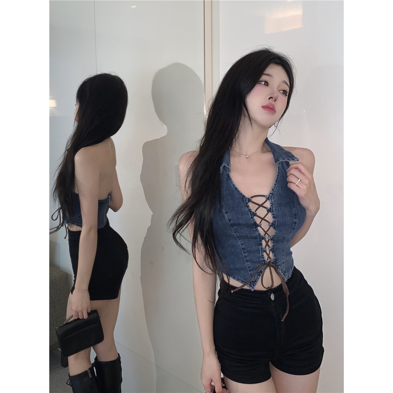 Suhao Tanktop hot girl sexy strappy denim kamisol rompi wanita musim panas pakaian luar murni keinginan tanpa lengan pendek halter top