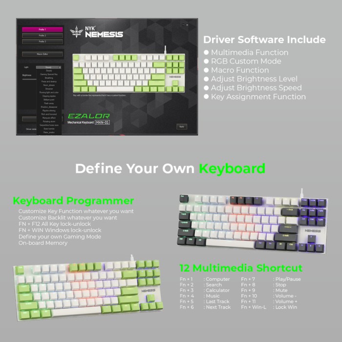 NYK Nemesis MKN-01 EZALOR Keyboard Gaming Mechanical TKL Outemu Switch - Grey White, Brown Switch
