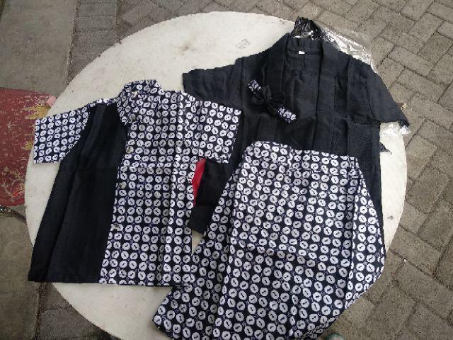 Couple Sarimbit Batik Anak Kakak Adik Kebaya Kutubaru Dan Kemeja Motif Kawung Hitam Putih