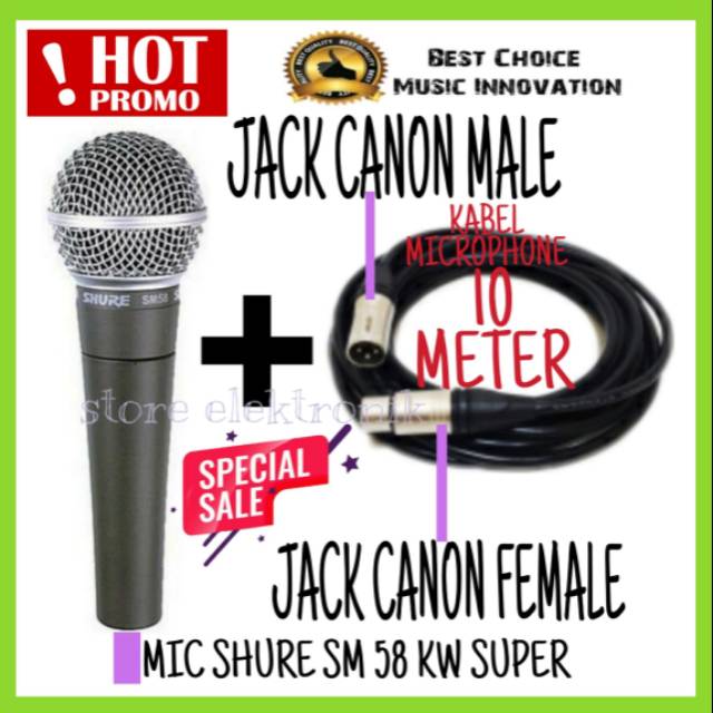 Mic SHURE SM 58 Kw Super Plus Kabel Canare 10 METER Jack XLR CANON NEW