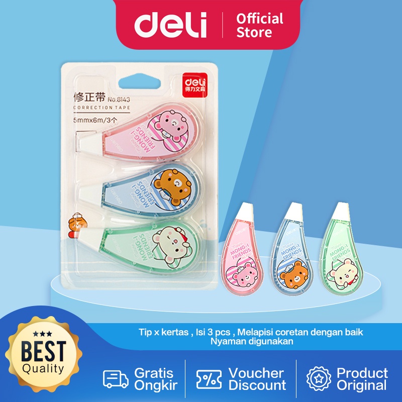 

Deli Correction Tape Tip ex Kertas 3pcs/pack 6mx55mm 8143