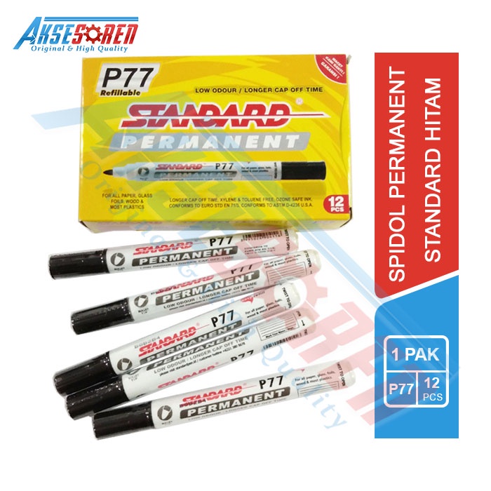 

Spidol Permanent Marker Standard [P77/12 Pcs/1 Pack] / Sepidol Standard 1 Pak / Spidol Hitam Penanda Permanen / Spidol P77 Tidak Bisa Di Hapus / Alat Tulis Sekolah / Peralatan Belajar