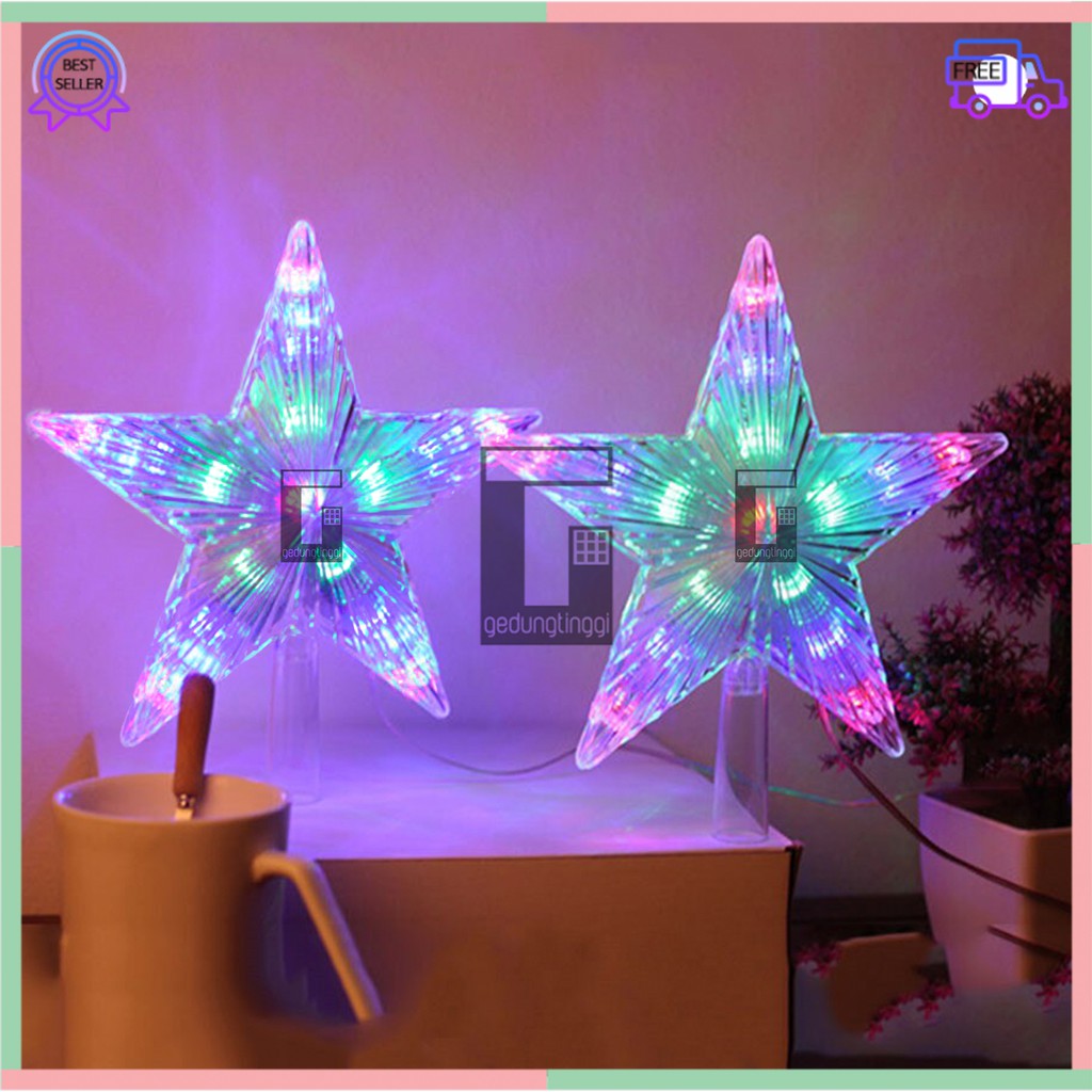 Lampu Led Tumblr Tumbler Hias Dekorasi Dekor Top Pucuk Ujung Atas Bintang Star Tema Pohon Natal Christmas Xmas Tree Decorations Decoration Decor Warna Warni Warm White Merah Biru RGB Lamp Kabel Putih Transparan Rumah Cafe Kantor Kelap Kelip Kedap Kedip