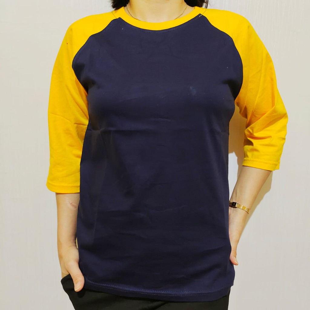 kaos polos reglan biru navy/dongker lengan kuning 3/4 20 22 S M L XL XXL