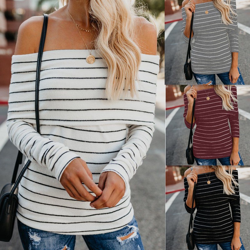 off the shoulder red and white striped shirt