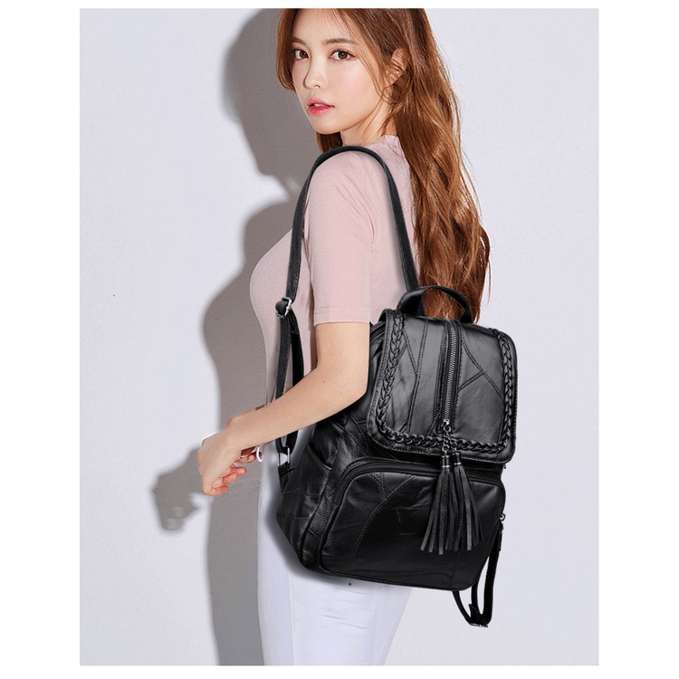 Tas Kuliah Wanita/Tas Ransel Wanita Kerja Hitam Fashion Kuliah Kekinian Dewasa O7C6 BP43 Tas Ransel Wanita Kulit PU Korea Summer Youth Women Backpack
