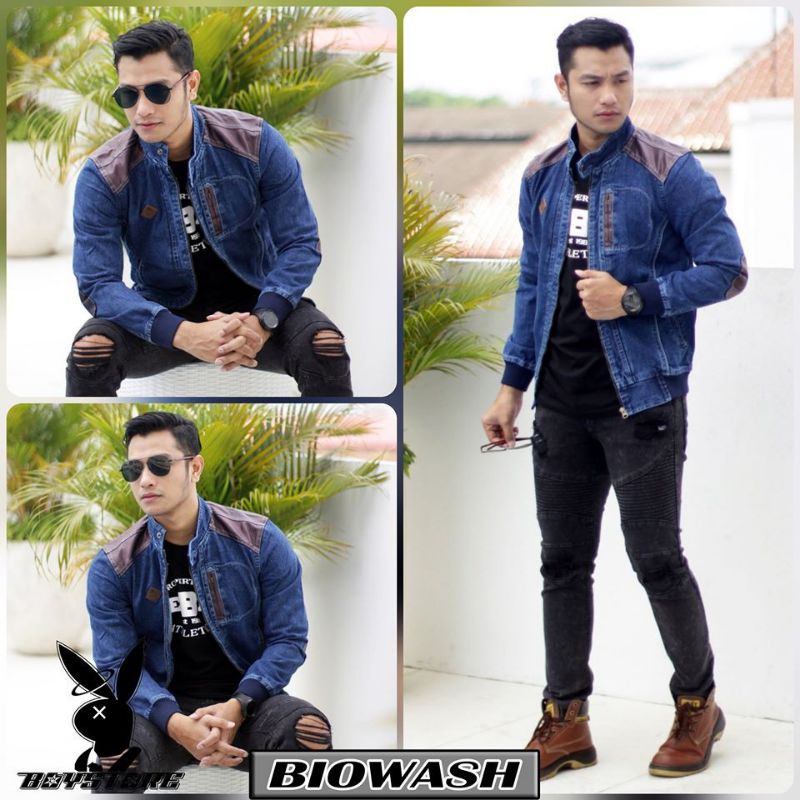 Jaket Jeans denim pria motif Kotak Model tenun Overblue