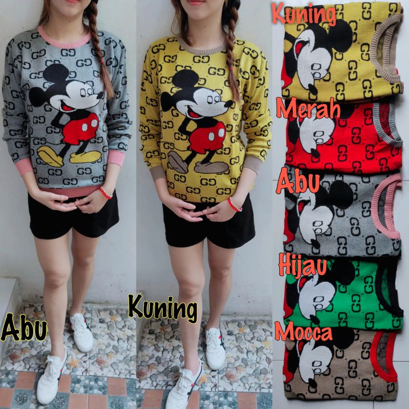 New Atasan rajut wanita motif gucci mickey/blus rajut import/kaos rajut real pict