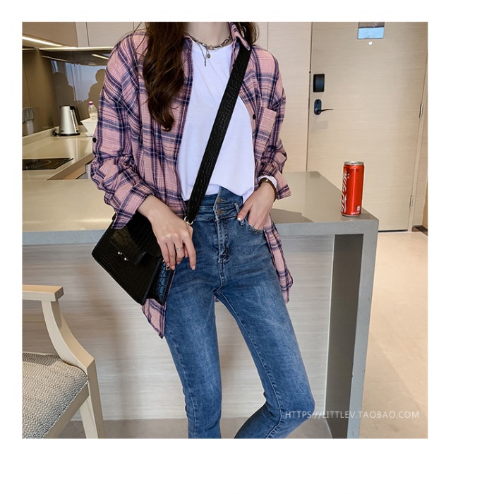 #Sisjuly# Wanita Kemeja Kotak-kotak Lengan Panjang Retro Korea Longgar Serbaguna Musim Gugur Atasan