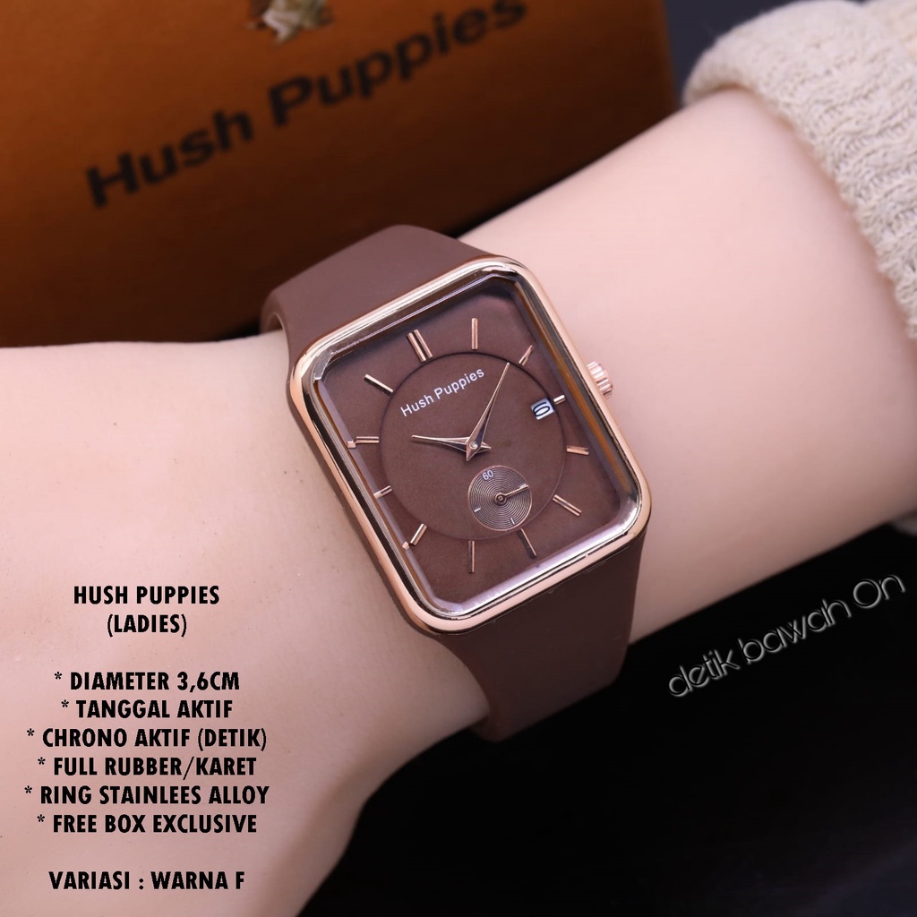 JAM TANGAN WANITA HUSH PUPPIES TALI RUBBER BODY SEGI  TANGGAL &amp; CHRONO AKTIF