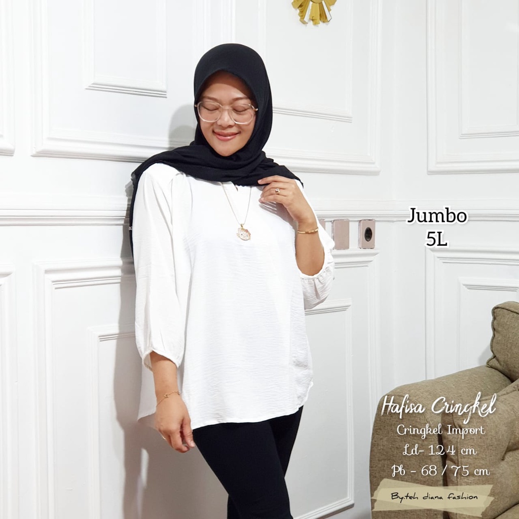 Atasan Wanita Jumbo / Baju Atasan Wanita Jumbo / Blouse Wanita Jumbo Import Hafisa Crinkle Polos Import Ld 124-Putih Tulang