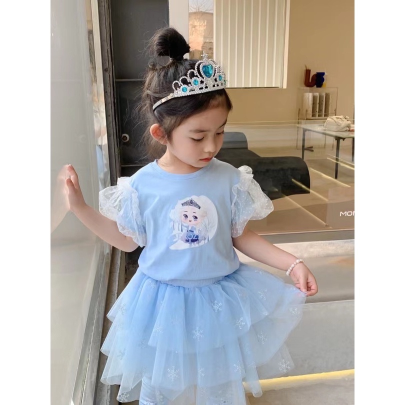 Setelan Anak Perempuan Kaos dan Rok Tutu Plus Legging Princess Frozen Elsa Import Premium