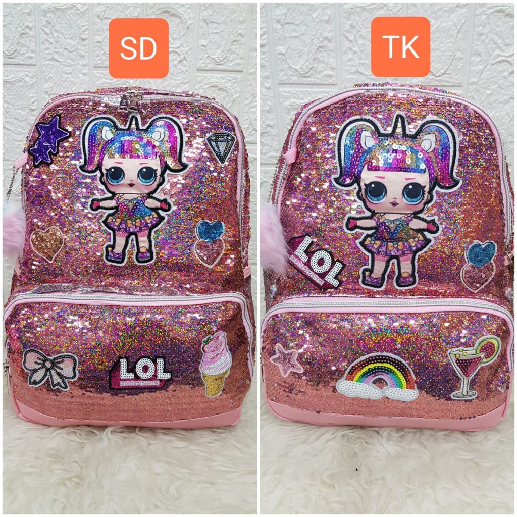 Tas Sekolah Anak SD dan TK Paud Model Sequin Usap Gambar Unicorn LOL Frozen Tas Ransel Anak SD TK PG Perempuan Free Pompom