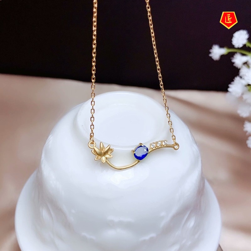 [Ready Stock]Fashion Lotus Gold Necklace Inlaid Sapphire Pendant