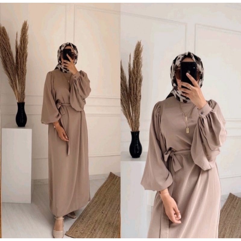 Irlana Dress/ Baju Wanita Muslim Lengan Balon/ Bahan Ity Crepe Premium Super Adeum &amp; Lembut/ Gamis Simple Terbaru/ Motif Polos Kekinian