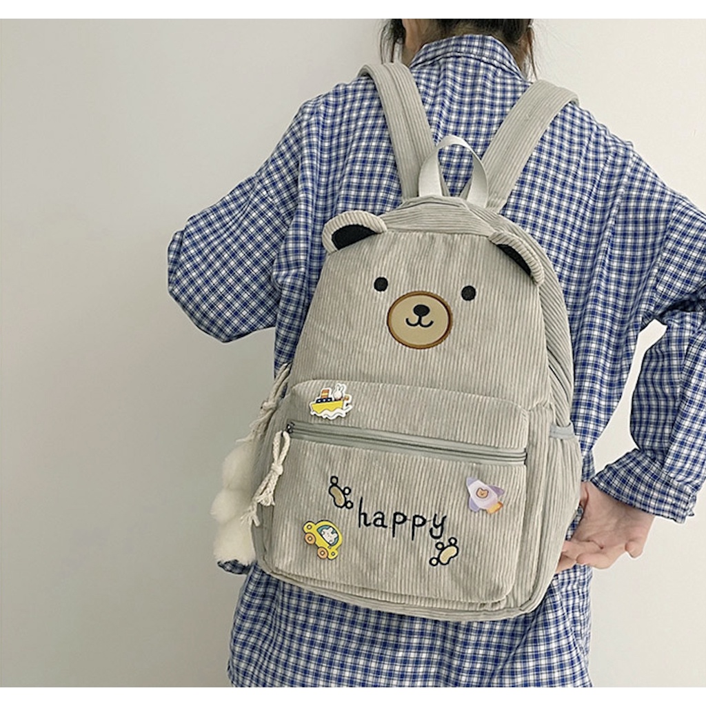 WYK104B Tas Ransel Wanita Korduroi Muka Beruang Face Bear Backpack Feather Impor TKM