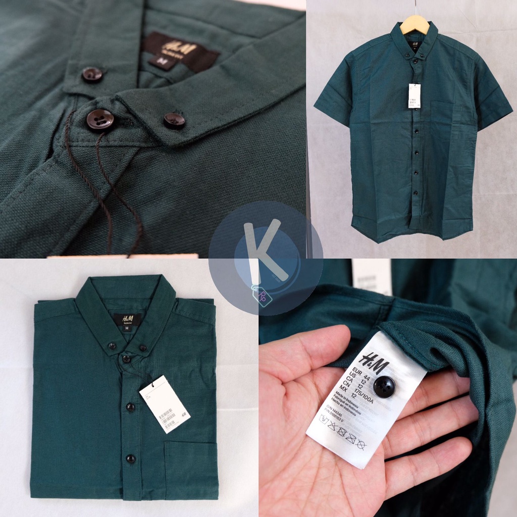 KEMEJA PRIA H&amp;M BASIC SHORT SLEEVE SHIRT COTTON RAMIE DARK BLUE ARMY GREEN WHITE BLACK SLIM FIT COTTON SHORT SKINNY FIT