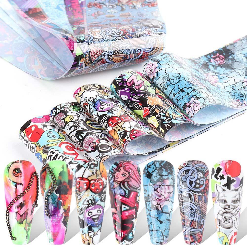 AUGUSTINA Agustina Koran Gaya Stiker Kuku DIY 10 Pcs Langit Berbintang Pola Grafiti Nail Art Dekorasi Marmer Hologram Nail Stickers