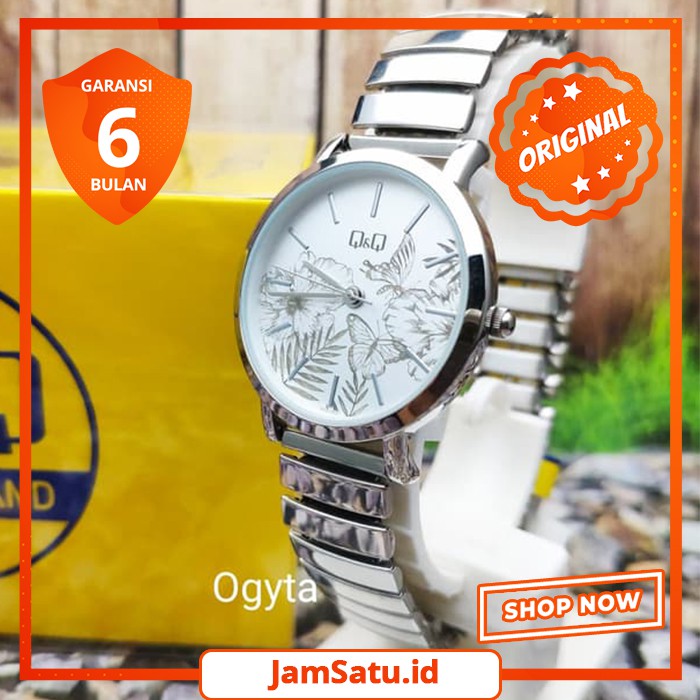 JAM TANGAN WANITA Q&Q ORIGINAL Analog CEWEK Strap stainless steel Rantai Silver QQ
