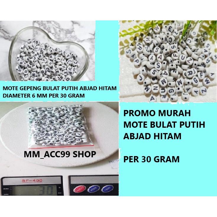 30 Gram Manik Mote Bulat Pipih Putih Huruf Hitam 6mm