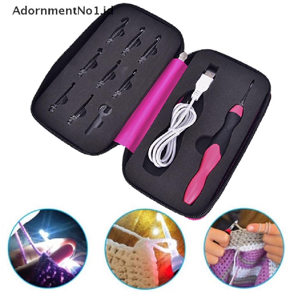 (AdornmentNo1) 9 In 1 Set Jarum Kait Rajut Crochet USB Rechargeable Dengan Lampu LED