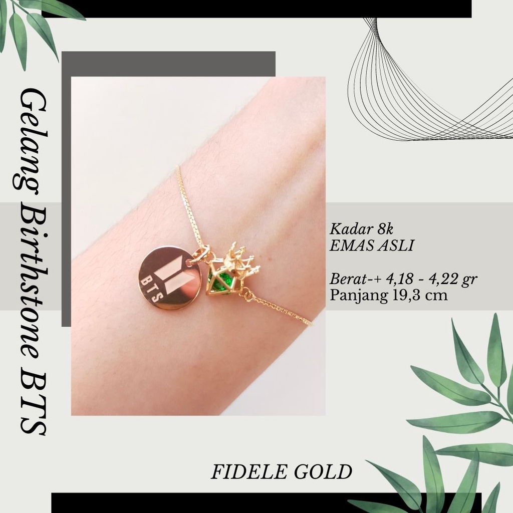 Gelang Birthstone MAY BTS Gelang Emas Asli Kadar Muda Gelang Emerald HWT